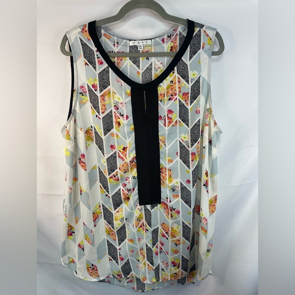 Cabi colorful printed blouse. Light weight, sheer, and sleeveless. Size XL